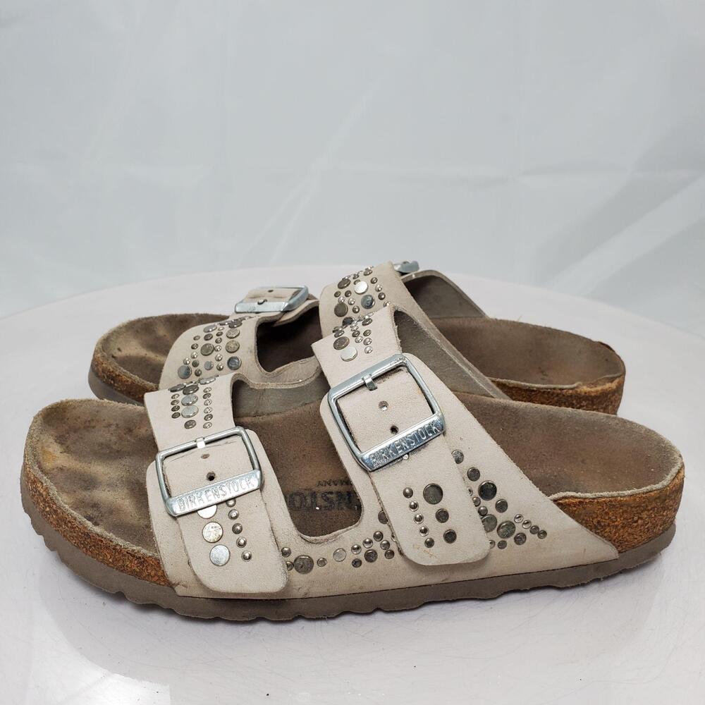 Birkenstock Arizona Sandals Women 5/36 N Beige Rivets Studded Cork Slide Shoes